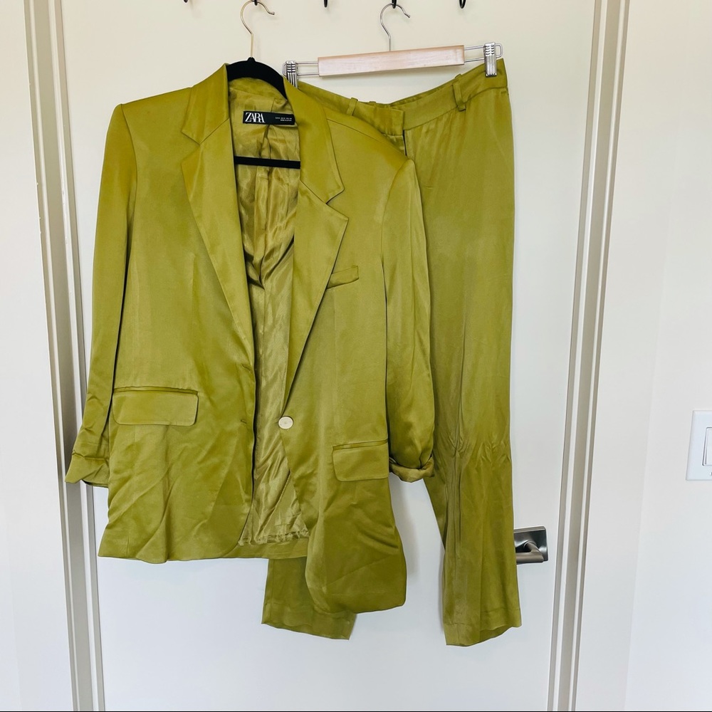 NWOT Zara Green Silky Suit Set